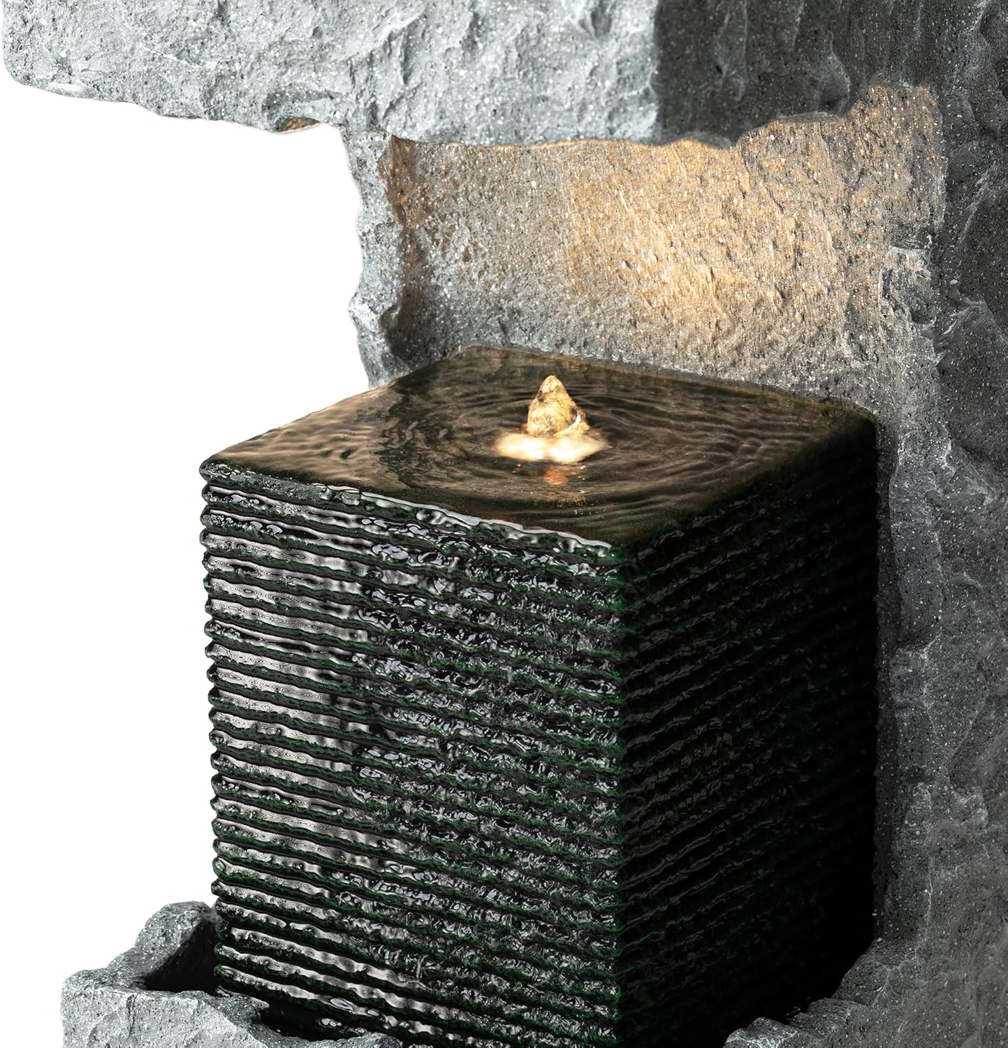 Glitzhome 2 Tiers Outdoor Water Fountain Modern Stacked Sphere Spillway Garden Decor with Pump and LED Light, 34.75" H