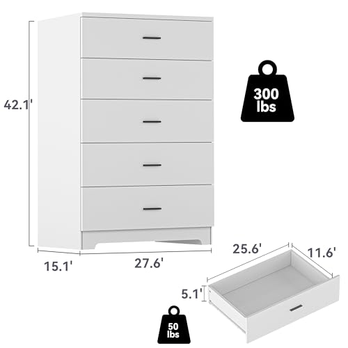 Dresser for Bedroom with Power Outlets Wood 5 Drawer Dresser with Large Storage Space Black Chest of Drawers with Smooth Metal Rail Tall Storage Organizer for Bedroom Living Room Closet
