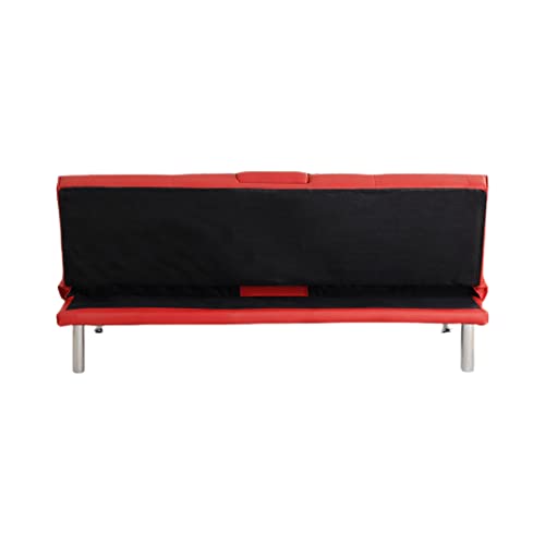 Convertible Folding Futon Sofa Bed - Faux Leather Upholstered Loveseat with Removable Armrests, Metal Legs, Cup Holders - Ideal for Living Room,Red