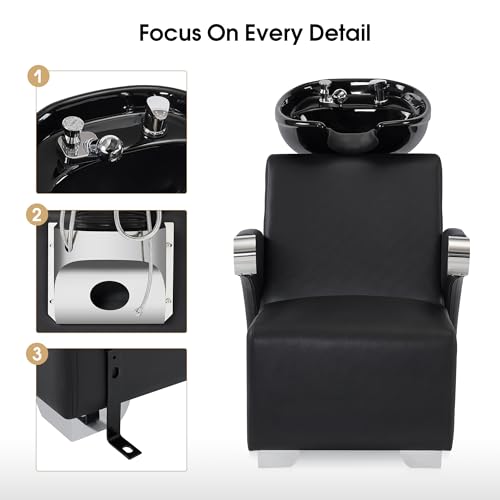 BarberPub Ceramic Bowl Backwash Shampoo Chair, Adjustable Modern Shampoo Sink Chair, Hair Washing Station for Professional Shampoo Barbershop, Home&Beauty Spa Salon 9102 (White)