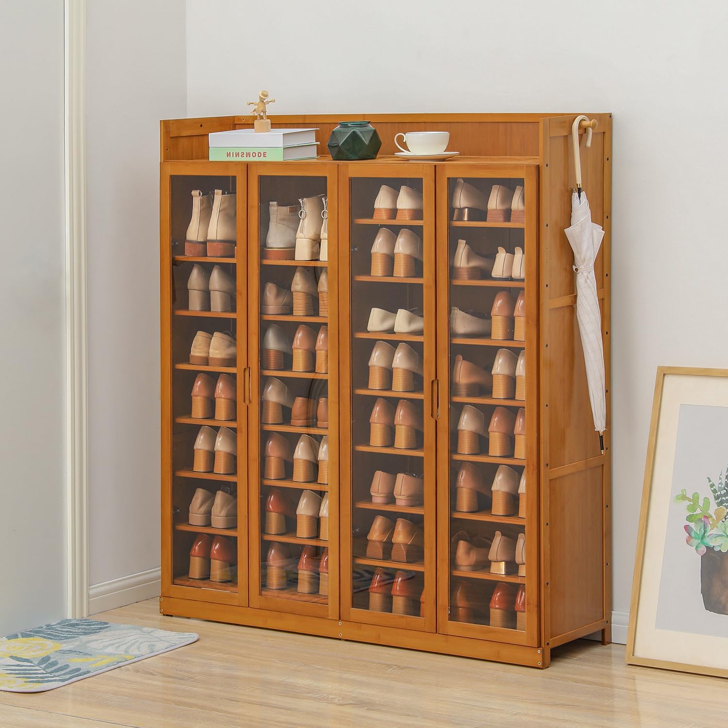 Magshion Bamboo Shoe Cabinet with Acrylic Doors - 9 Tier Free Standing Shoe Shelf Storage Organizer with Side Hooks - Ideal for Narrow Closet, Hallway, Living Room (Brown)