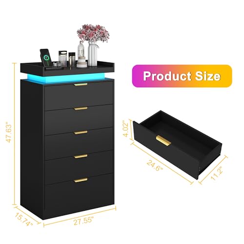 White Dresser with LED Lights, Wooden LED Dresser, 4 Drawer Chest with Charging Station, Tall Chest of Drawer Closet Organizer for Bedroom, Living Room, Entryway, Hallway