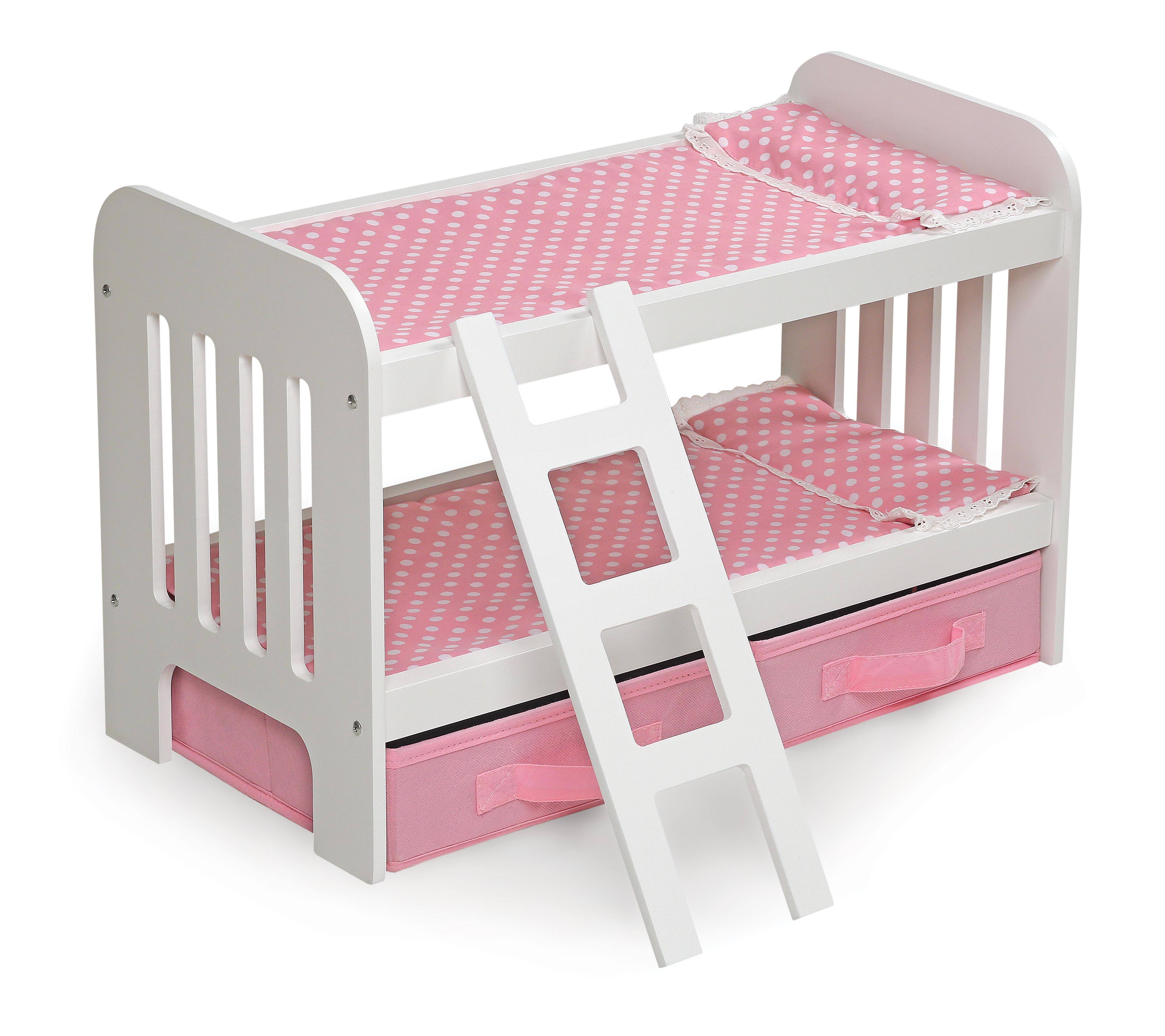 Badger Basket Doll Bunk Bed with Ladder and Two Storage Baskets - pink/polka Dot