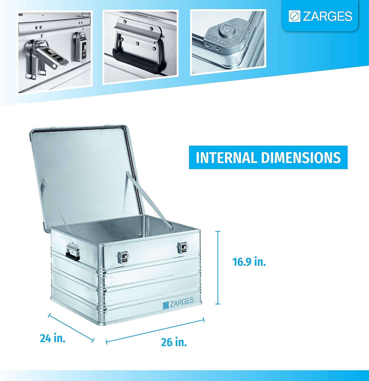 Zarges?K470 Aluminum Hard Protective Carrying Case, Portable Stackable Storage, Customizable Safe Lock Box, Dust and Water Resistant (44.1 x 28.3 x 18.9 Inches)