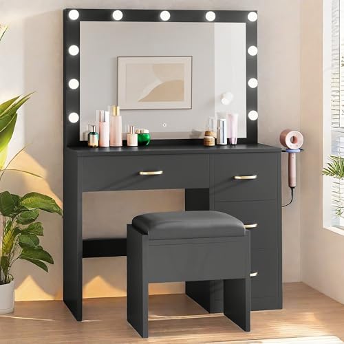 YITAHOME Vanity Desk with Mirror and Lights, Makeup Vanity Set with 11 Bulbs Light, Power Outlet, 4 Drawers and Vanity Stool