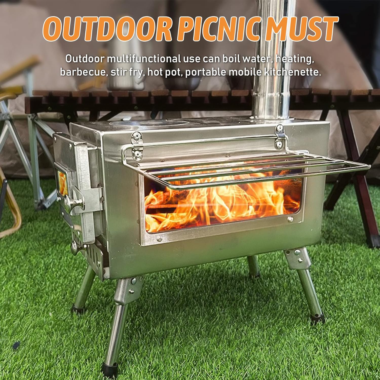 Wood Stove Hot Tent Stove, Camping Wood Stove Stainless Steel Camping Tent Stove, Portable Wood Burning Stove with Chimney Pipes & Gloves for Outdoor Cooking and Heating