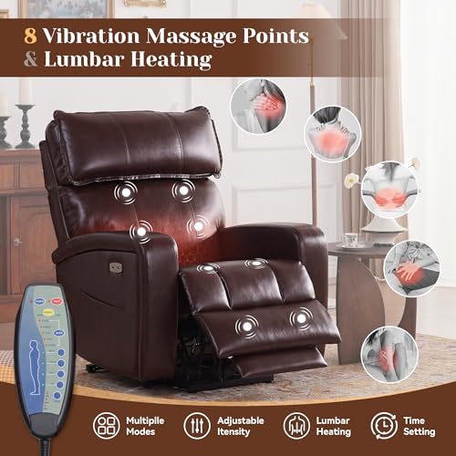 Power Lift Recliner Chair with Adjustable Headrest for Elderly, Electric Recliners with Heat & Massage, USB & Type C Ports, Reclining Single Sofa Chair, Leather