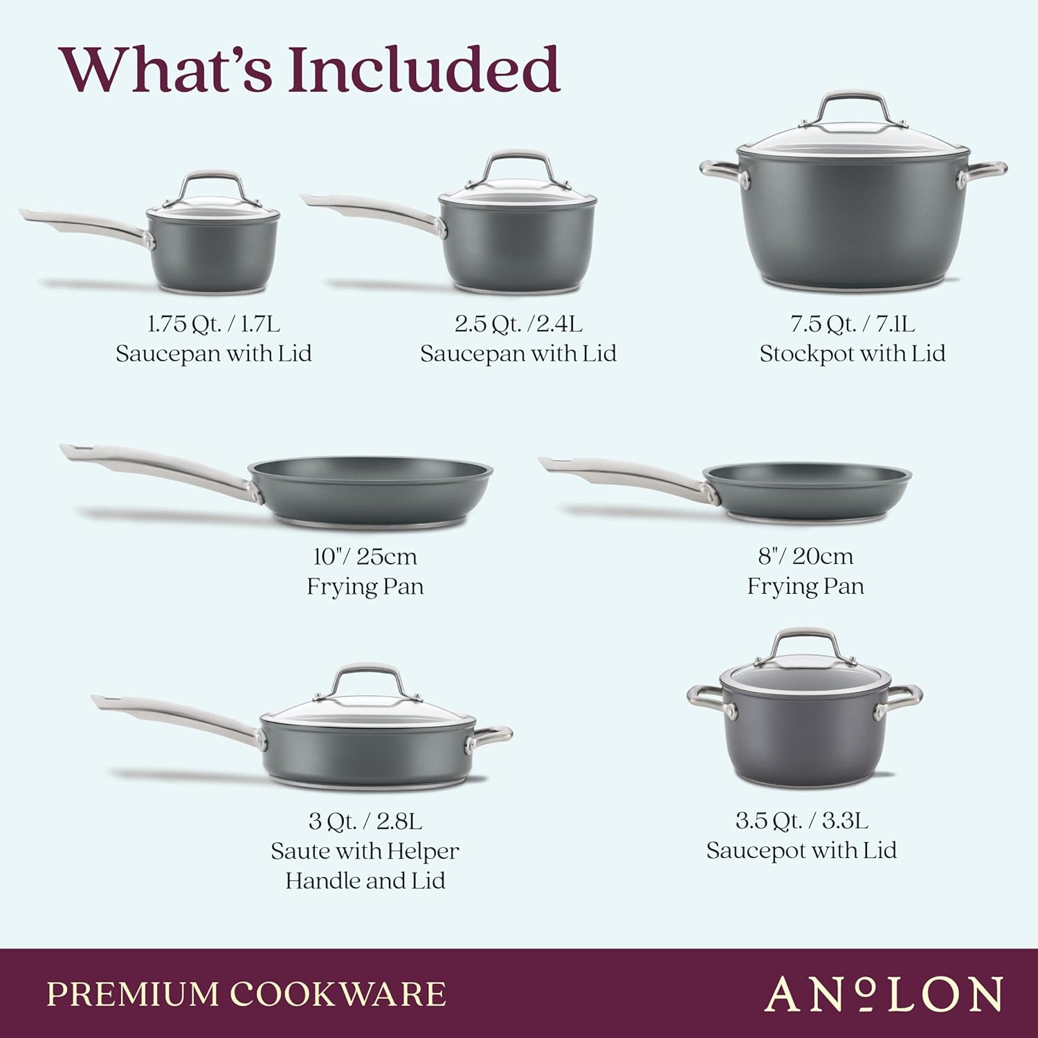 Anolon Accolade Forged Hard Anodized Cookware Pots and Pans Set, 12 Piece - Moonstone Gray & Accolade Forged Hard Anodized Deep Frying Pan/Skillet with Helper Handle and Lid,12 Inch - Moonstone Gray