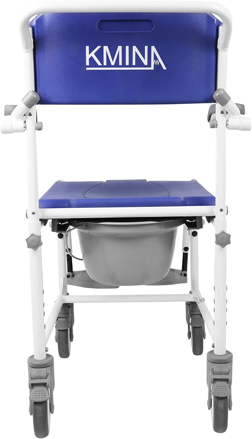 KMINA PRO - Shower Commode Wheelchair with 4 Lockable Wheels for Elderly, Rolling Shower Chair, Adjustable Shower Wheelchairs for Adults, Shower Wheelchair for Inside Shower Blue