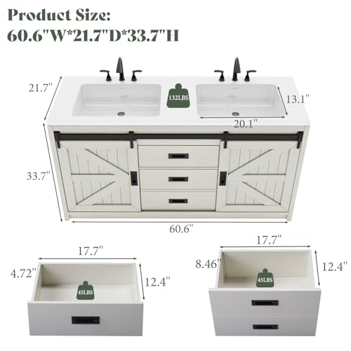 60" Farmhouse Sliding Barn Door Bathroom Double Vanity with Sink Combo, Bathroom Vanity Cabinet with Drawers & Metal Handles, Freestanding, Gray