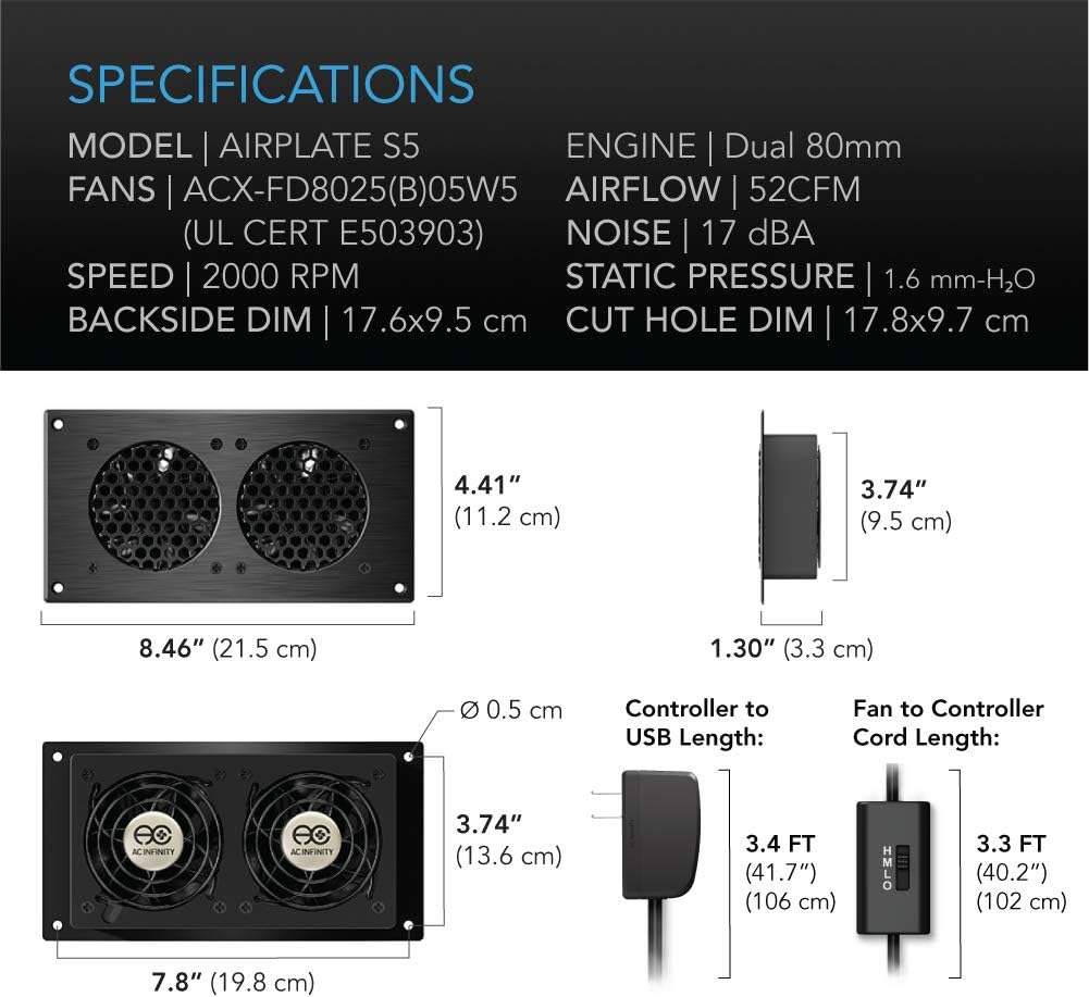 AC Infinity AIRPLATE S5, Quiet Cooling Fan System 8 with Speed Control, for Home Theater AV Cabinets Pack of 2