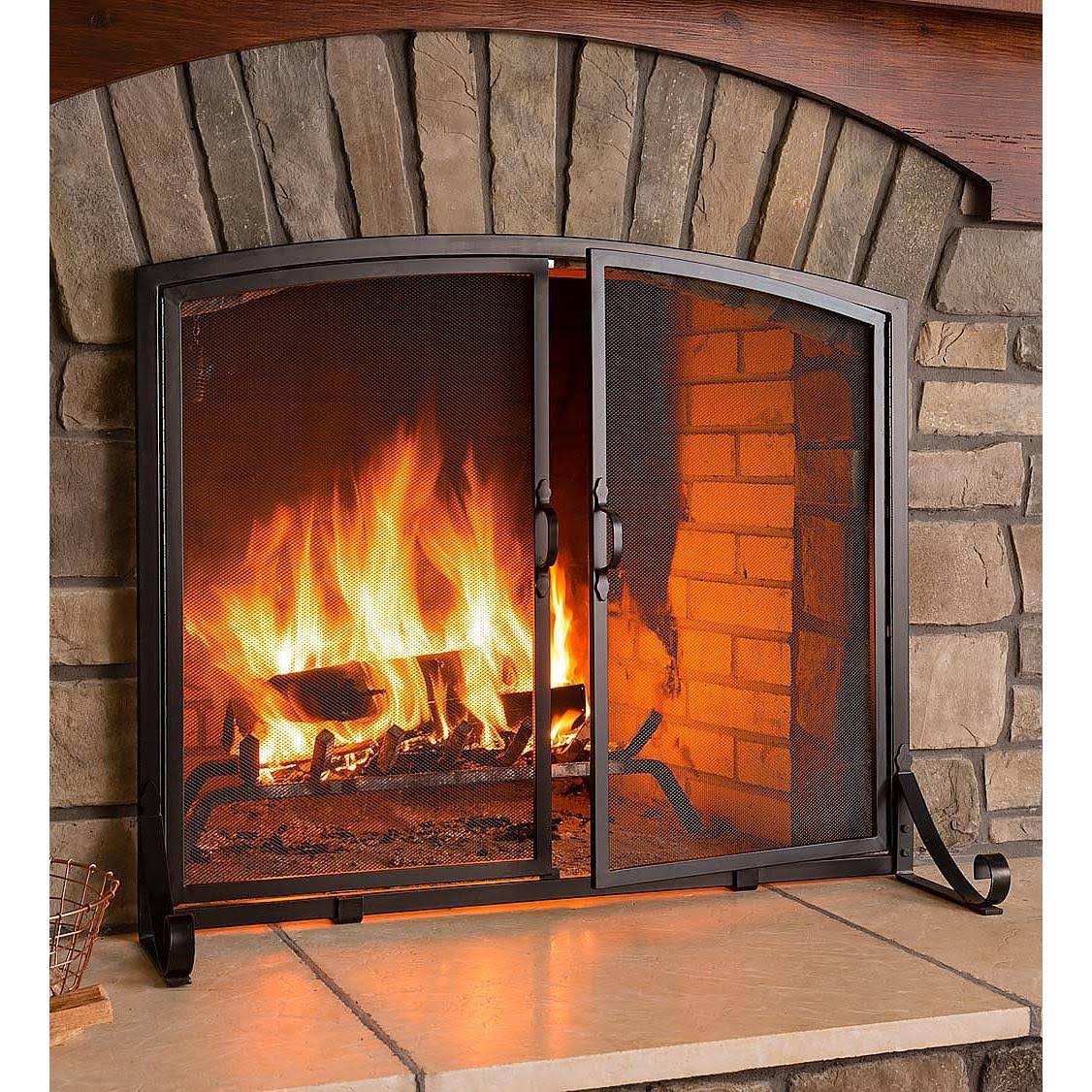 Arched Top Flat Guard Fireplace Screen with Doors, Large - Black