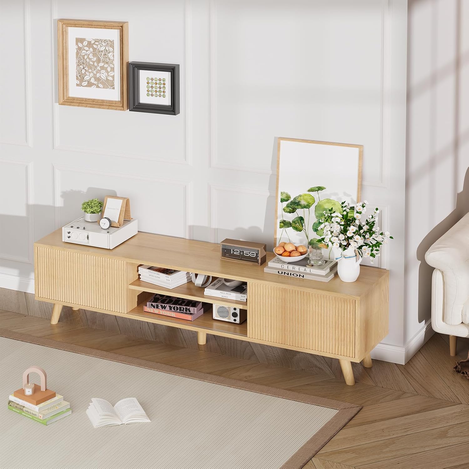 TV Stand for TVs Up to 75 Inches, Boho Entertainment Center Wood TV Stand with Fluted Sliding Doors & Shelves, TV Console Table Media Cabinet with Storage for Living Room Bedroom, Natural