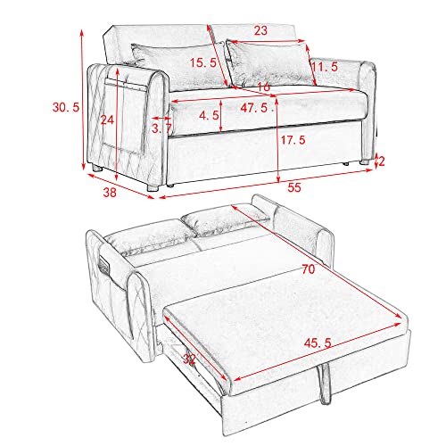 55" Convertible Sleeper Sofa Bed with 2 Pillows and 2 Detachable Pockets, Modern Velvet Upholstered Loveseat Sofa Couch with Pull Out Bed and Adjustable Backrest, Multifunctional 2-Seater Sofa, Blue