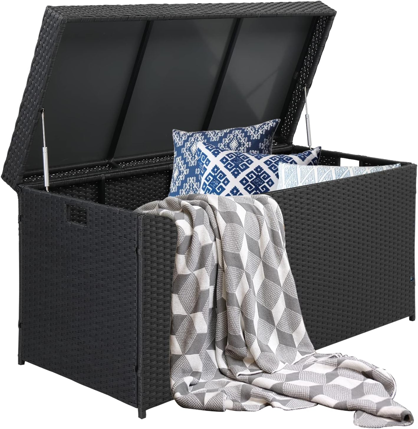 132 Gallon Large Deck Box - PE Rattan Indoor Outdoor Storage Box - Wicker Storage Basket with Lid - Deck Bin with Handle - Weather Resistant Storage Container for Toys, Blanket, Yard Tools - Black