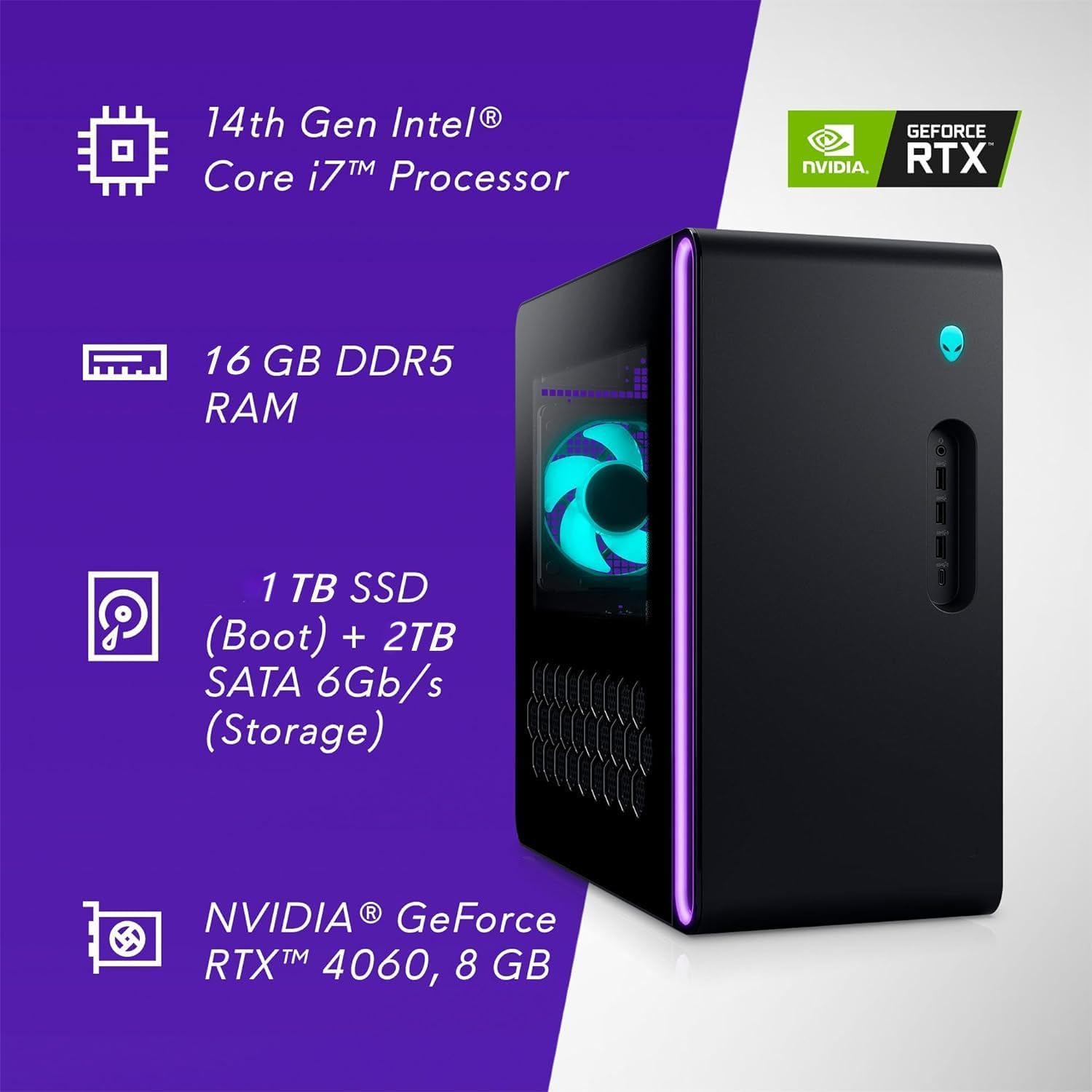 Alienware Aurora R16 Gaming Desktop 2024 Newest, 14th Gen Intel 20-core i7-14700F, GeForce RTX 4060 8GB GDDR6,16GB DDR5, 1TB SSD, 2TB HDD, Wi-Fi 6E, Windows 11 Pro & Microsoft Office Lifetime License