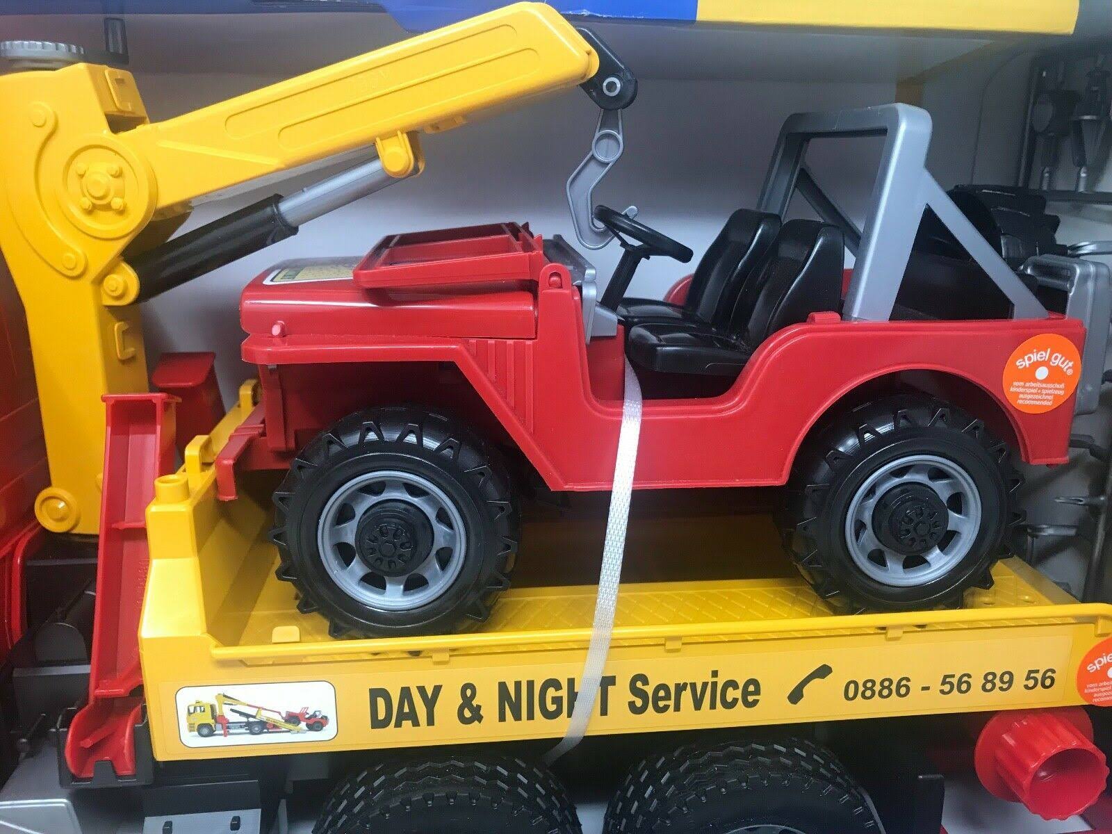 Bruder Action Vehicle Tow Truck Carrying Jeep with Crane and Accessories