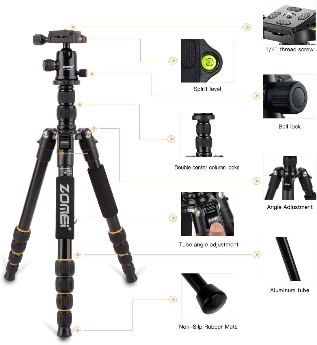 ZOMEi Camera Tripod 62 Light Weight DSLR Tripod with Ball Head Quick Release Plate and Carrying Case (Aluminum Tripod)