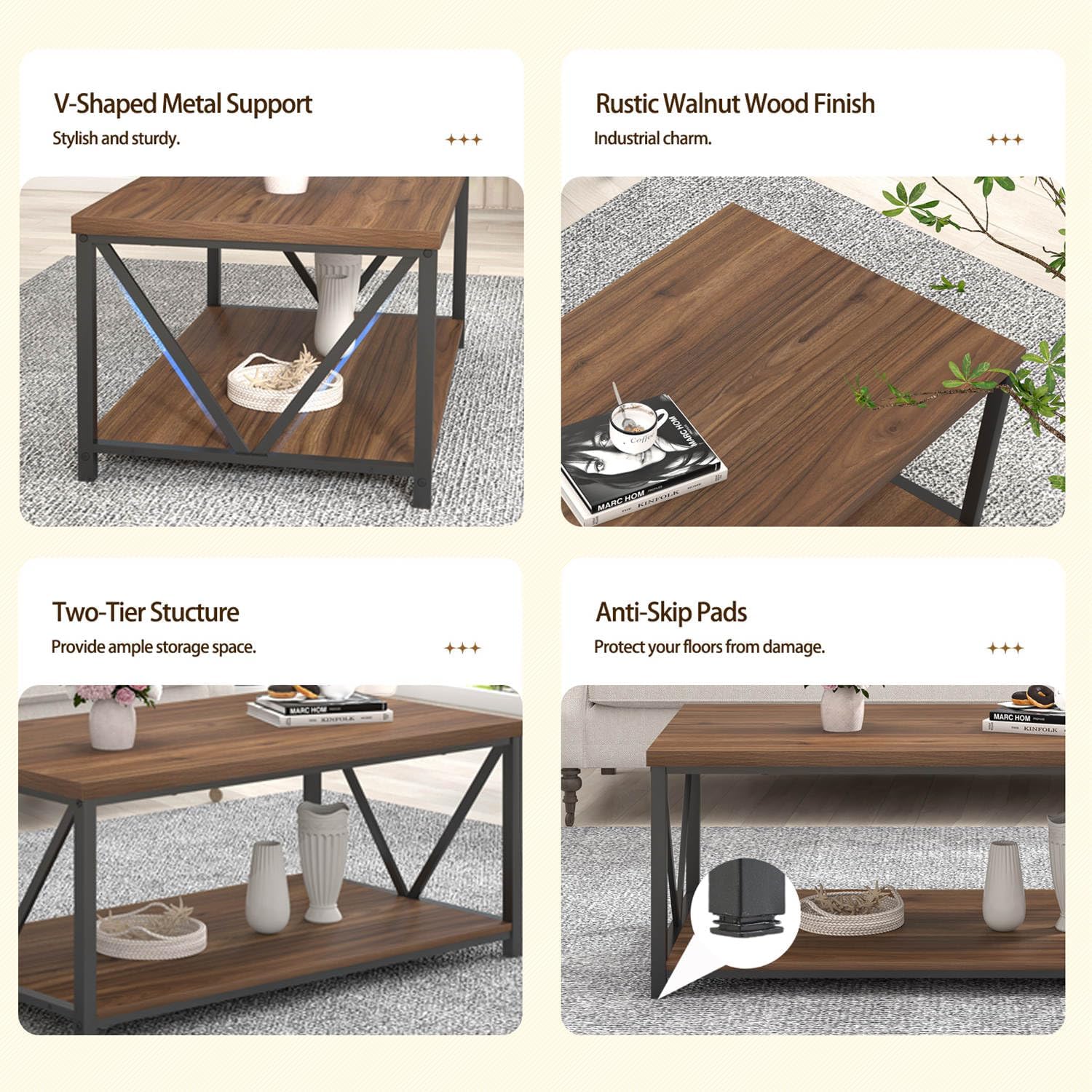FOLUBAN Modern Coffee Table End Table and Entryway Table with Storage Shelf for Living Room, Rustic Walnut