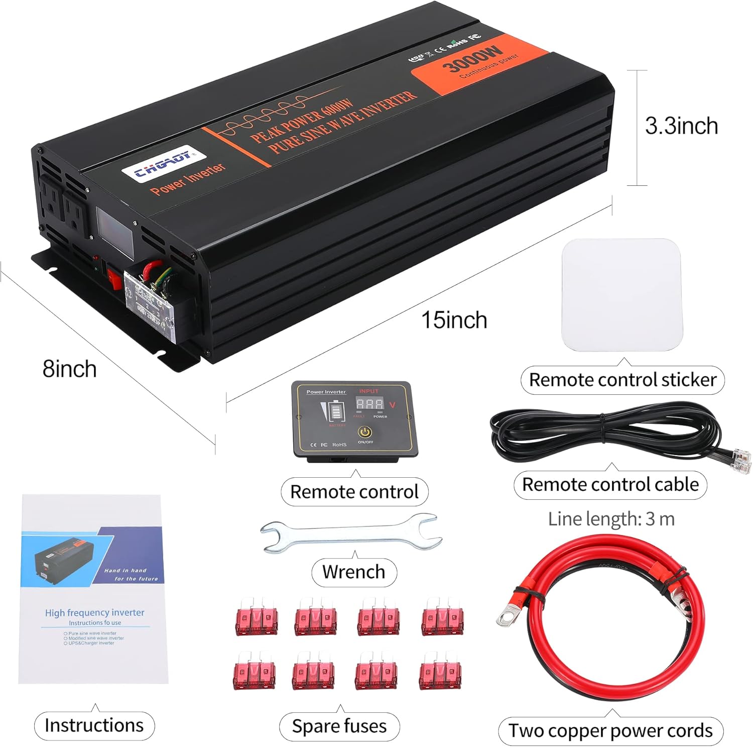 Power Inverter,3000W Pure Sine Wave Inverter DC 12V to AC 120V Car Inverter with LCD Digital Display Remote Control USB Port Power Converter for Travel/Camping