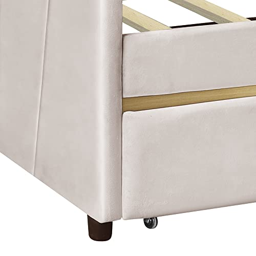 Harper & Bright Designs Twin Size Daybed, Upholstered Daybed with Two Storage Drawers, Wood Daybed Twin Size, Wood Slat Support Day Bed Frame, No Box Spring Needed, Easy Assembly, Beige