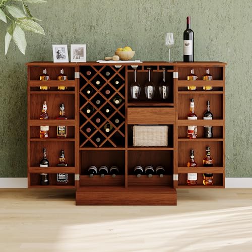 LUMISOL Bar Wine Cabinet with Storage, 42.5" Home Bar Cabinet, Carved Wine Sideboard with Wine Bottle Holders, Accent Storage Cabinet for Home Bar Living Room Dining Room, Natural