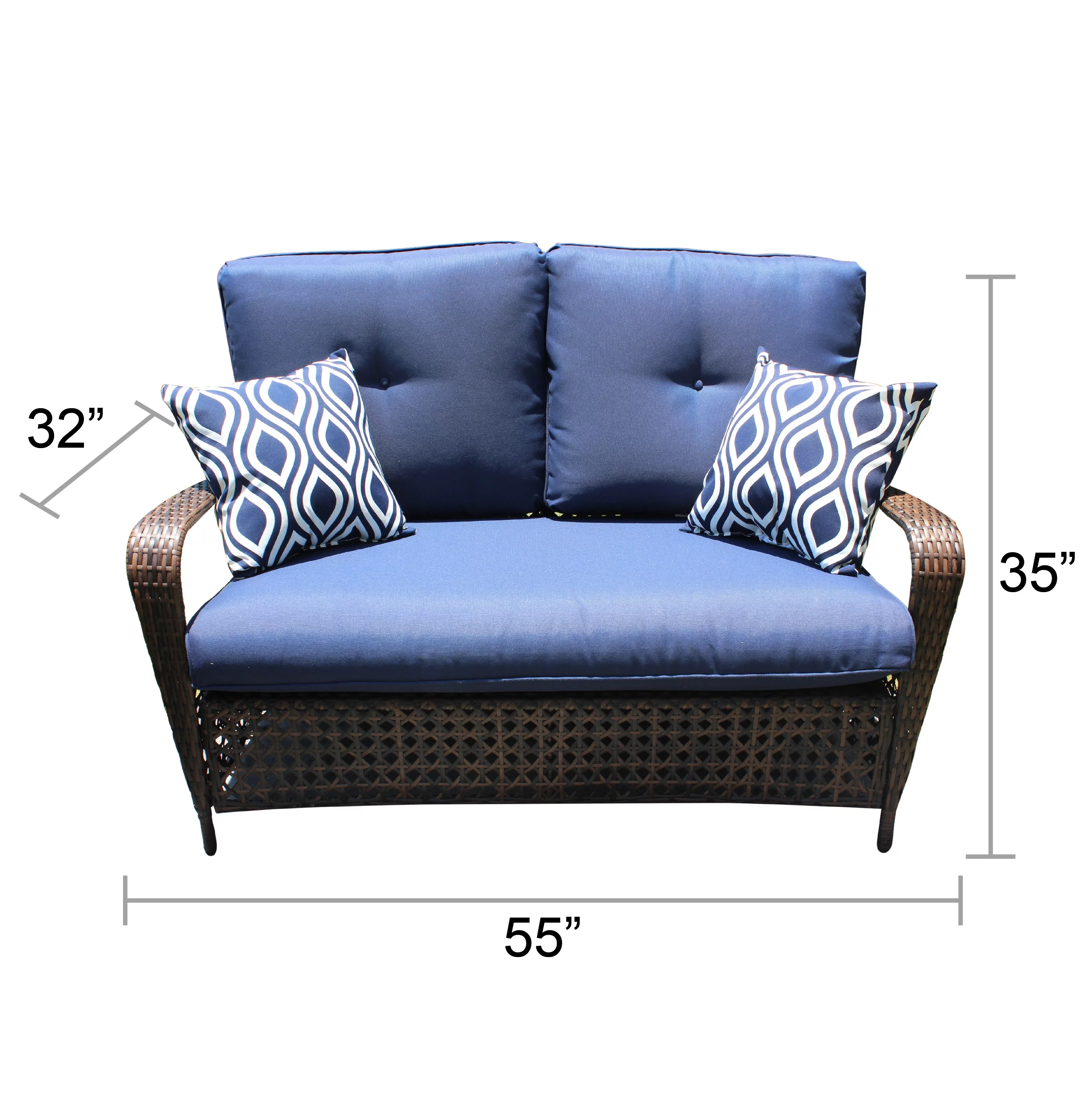 Belle Patio Amber 4 Piece Wicker Outdoor Patio Furniture Conversation Set with 4 Seats, Tempered Glass Table Top, Navy Cushions