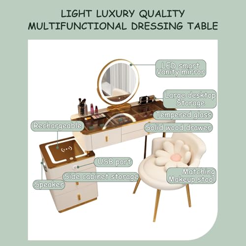 Vanity Mirror with Lights and Desk,Vanity Makeup Table Set,Makeup Vanity Table Wit Round 3-Colors Lights,with Cushioned Stool,with 2 Drawers and Storage Shelves,Innovative Glass Table Top for Cosmetic