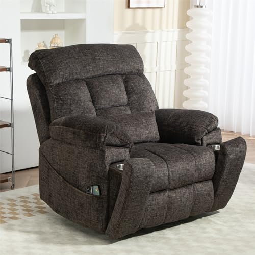 Light Grey Recliner Chair for Elderly | Tall and Big Man 400lbs | Chenille | Power Lift, Lay Flat, Stand Up, Wireless Charging Device, Extended Footrest, Massage Heat, Cup Holder, Lumbar Pillow