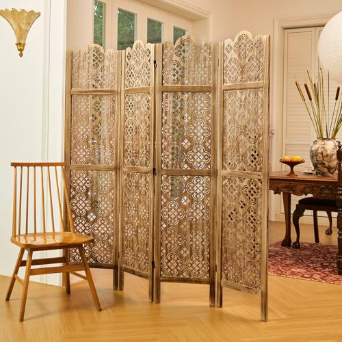 5.75Ft Room Divider Wood Carved Wall Divider Indoor Folding Portable Partition Screen for Home Office Garden Terrace - 4 Panel (Antique Brown)