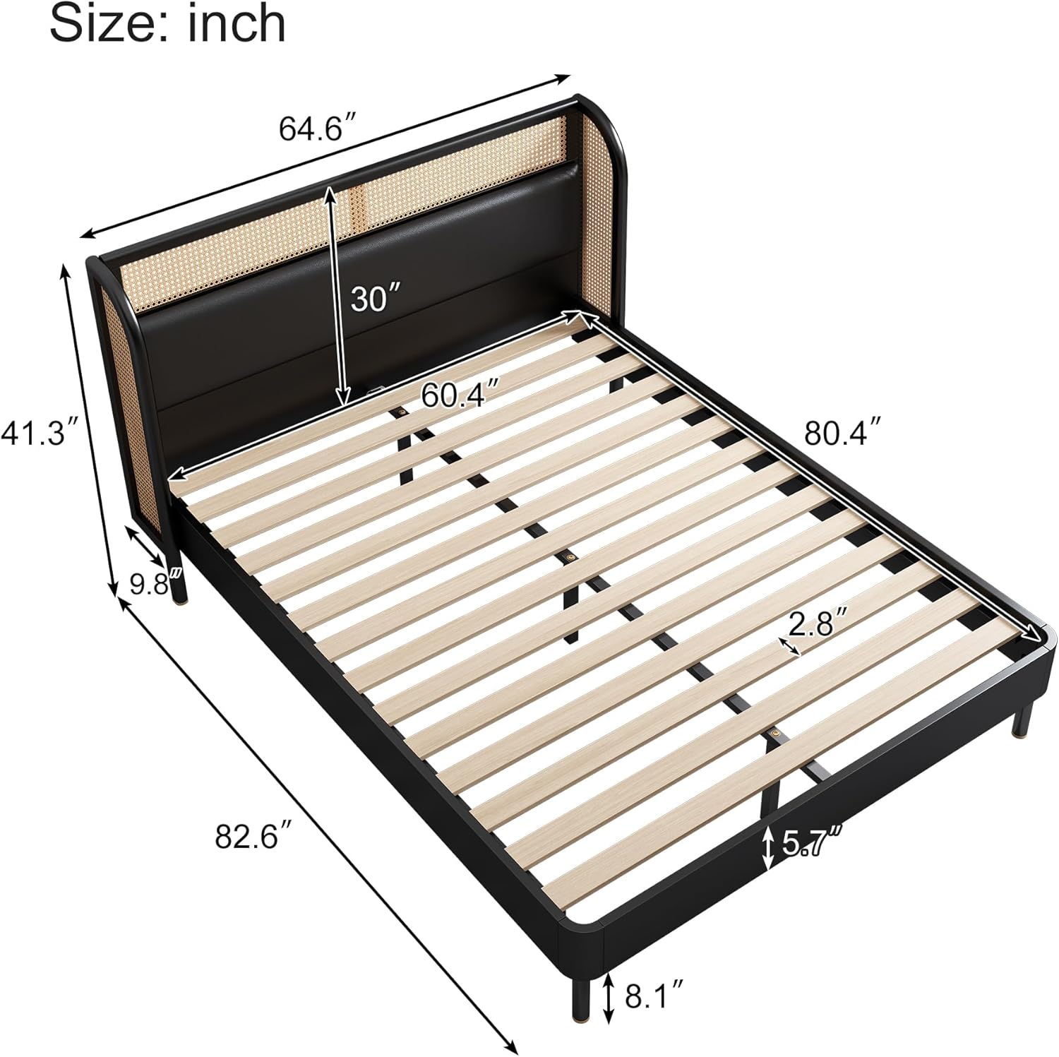 Rattan Platform Bed Queen Size with Wingback Headboard, Mattress Foundation w/Strong Wooden Slats, Modern Queen Bed Frame No Box Spring Needed, No Noise