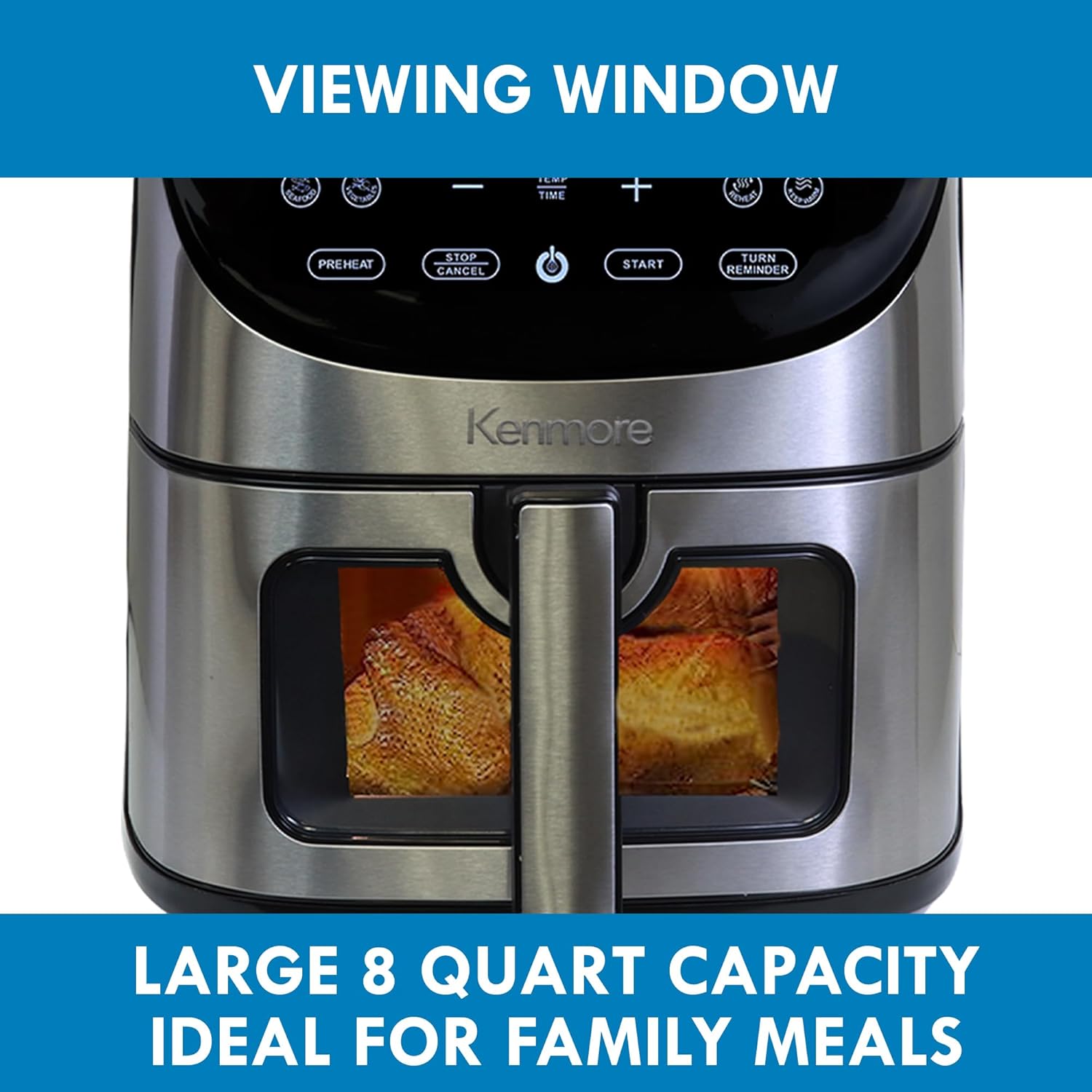 Kenmore 8 Qt Air Fryer, Family Size, 1700W, 12 Preset Cooking Functions, Digital Touch Screen, Programmable Temperature & Timer, Viewing Window, Roast Bake Broil Dehydrate Reheat, Stainless Steel