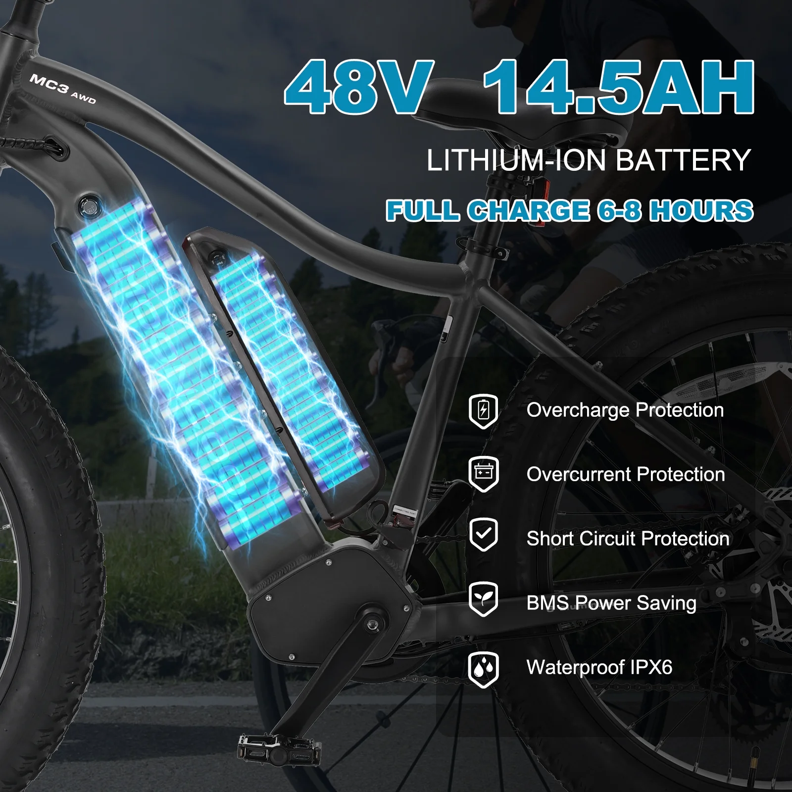FICISOG 26" x 4" Adult Fat Tire Electric Bike , 500Wx2 Dual Motor AWD MTB, All Terrain Ebikes, 48V 15AH Removable Battery, 20MPH 7-Speed Mountain Electric Bicycle,1 Motor Range 30-45 Miles