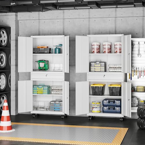 Metal Storage Cabinet with Wheels, Garage Storage Cabinet with Locking Draw and Adjustable Shelf, Tool Storage Cabinet for Garage, Home, Office, Gym, School (White, On Wheels)