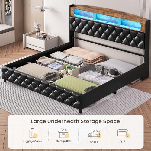 King Size Lift Up Storage Bed Frame, King Platform Bed with Storage & LED LIghts & Charging Station, Upholstered Storage Headboard, No Box Spring Needed, Noise Free, Easy Assembly