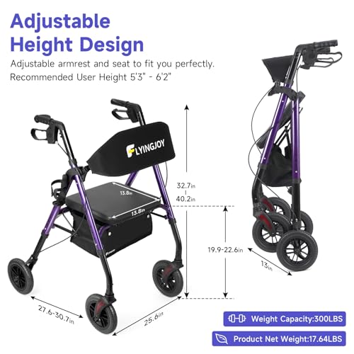 Rollator Walker Blue 8" Large 4 Wheels Rollator Walkers for Seniors with Seat Locking Brakes Adjustable Seat and Arms Aluminum Medical Walker Foldable Removable Back Support 300 lbs