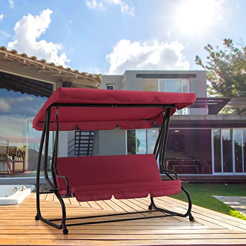 MCombo 3 Seat Patio Swing Chair, Outdoor Swing with Adjustable Canopy, Weather Resistant Steel Frame, Porch Swing Sets for Backyard, Poolside, Balcony, 4090 (Burgundy)