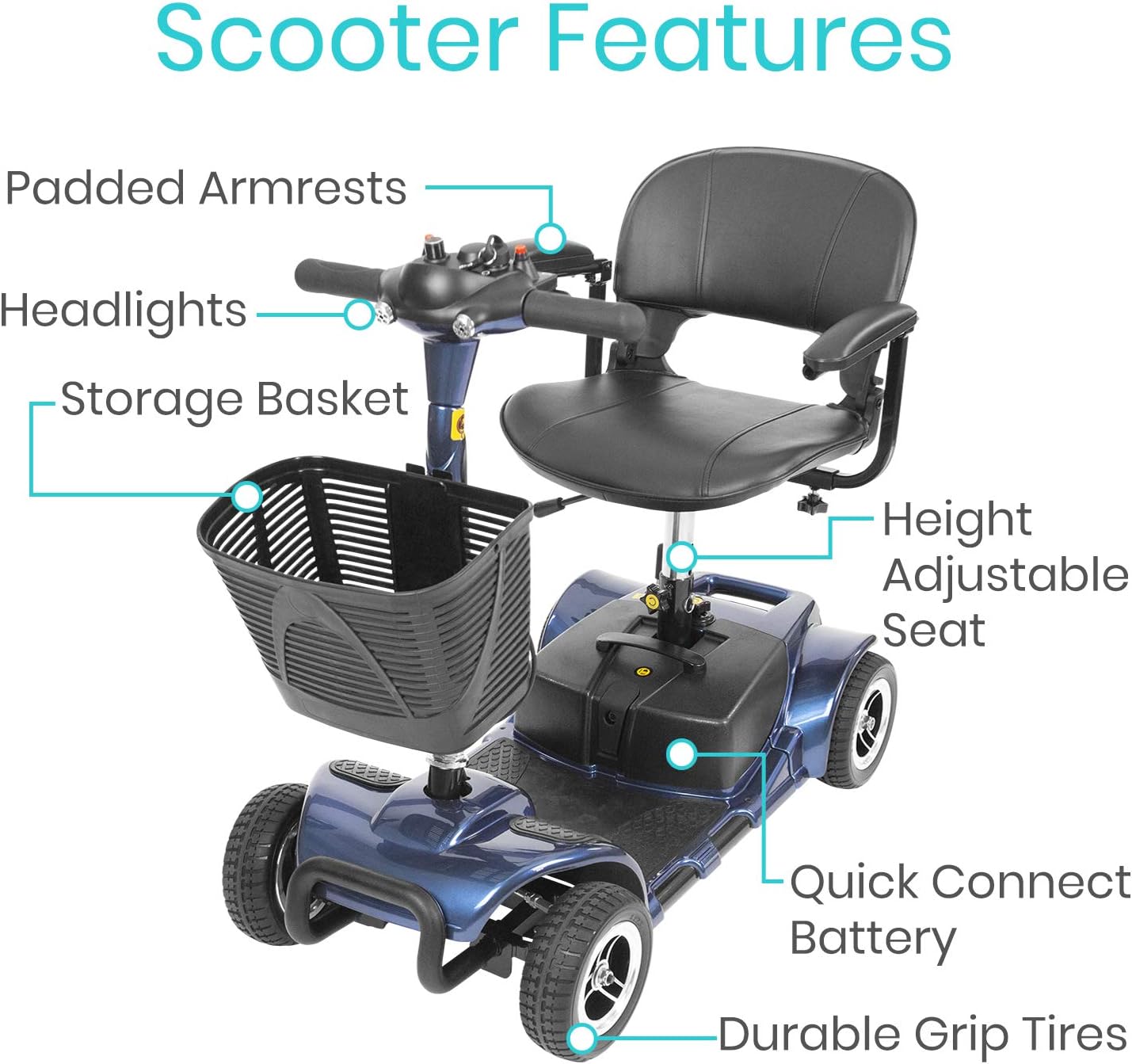 Vive 4 Wheel Mobility Scooter - Electric Powered Wheelchair Device - Compact Heavy Duty Mobile for Travel, Adults, Elderly - Long Range Power Extended Battery with Charger and Basket Included