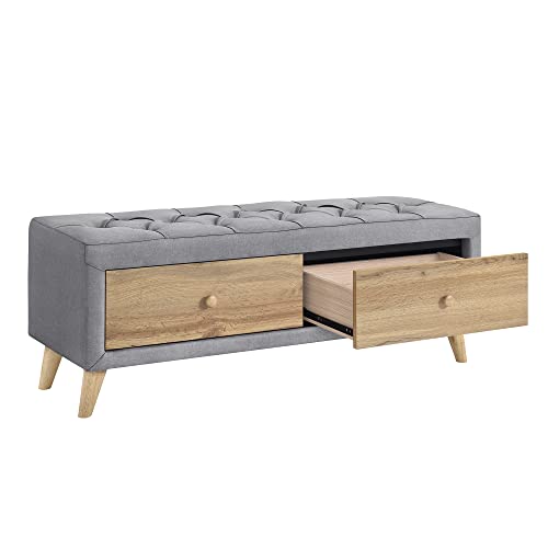 Upholstered Wooden Storage Ottoman Bench with 2 Drawers Button-Tufted Linen Padded Footstool Modern End of Bed Bench Entryway Storage Bench for Living Room Dining Room, Gray