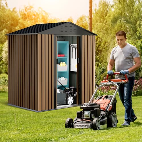 Outdoor Storage Shed, 8 x 6 FT Metal Storage Shed, Metal Garden Tool Shed with Roof, Door & Lock, Waterproof and Anti-UV, for Patio Garden Yard, Brown