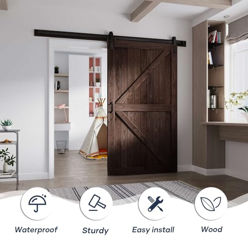 FREDBECK 36in x 84in Brown Barn Door with 6.6ft (79inch) Barn Door Hardware Track Kit and Handle Included, Double Surfaces,Simple Assembly is Required,K-Frame,Coffee