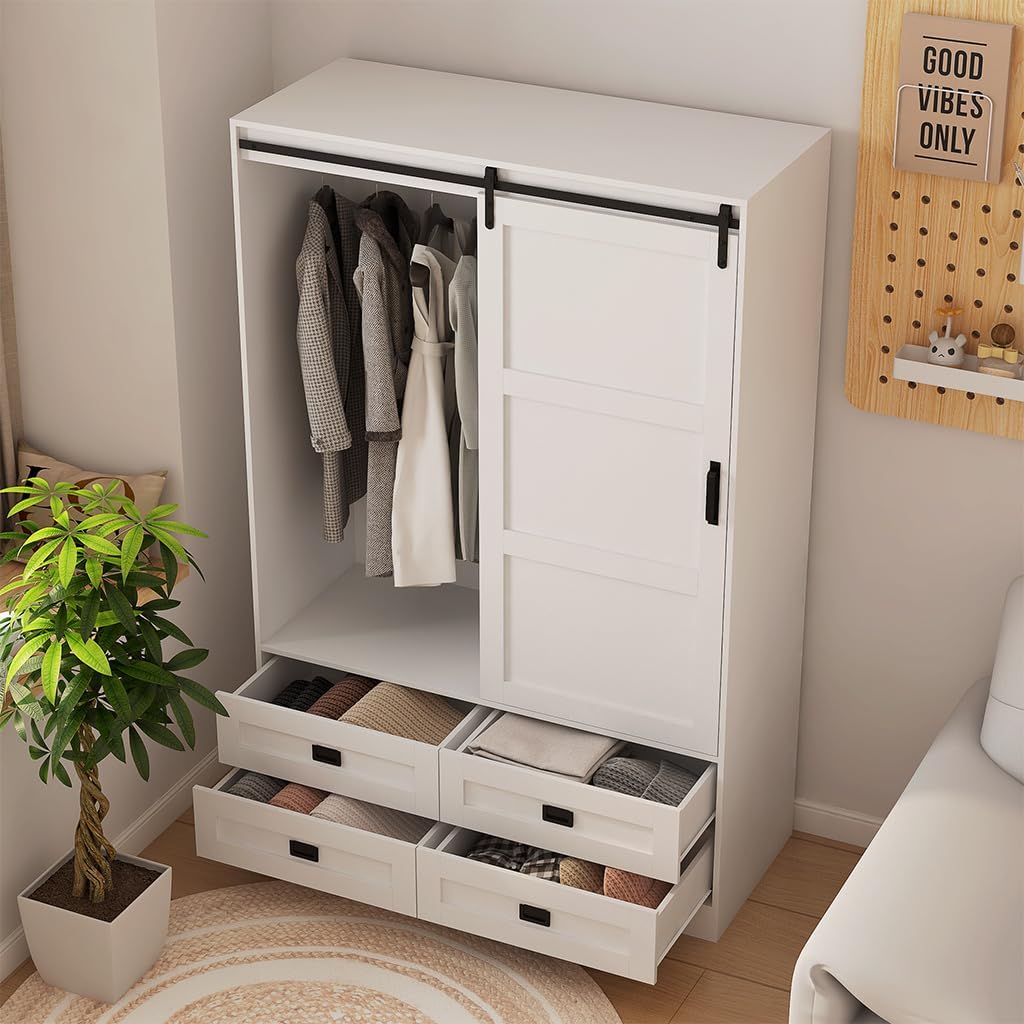 Solid Wood Armoire Wardrobe Closet, Large Wardrobe Cabinet with Sliding Barn Door, 4 Drawers, 3 Adjustable Shelves & Hanging Rod, Freestanding Wooden Closet for Bedroom, 47.3"W x 70.9" H x 20.5"D