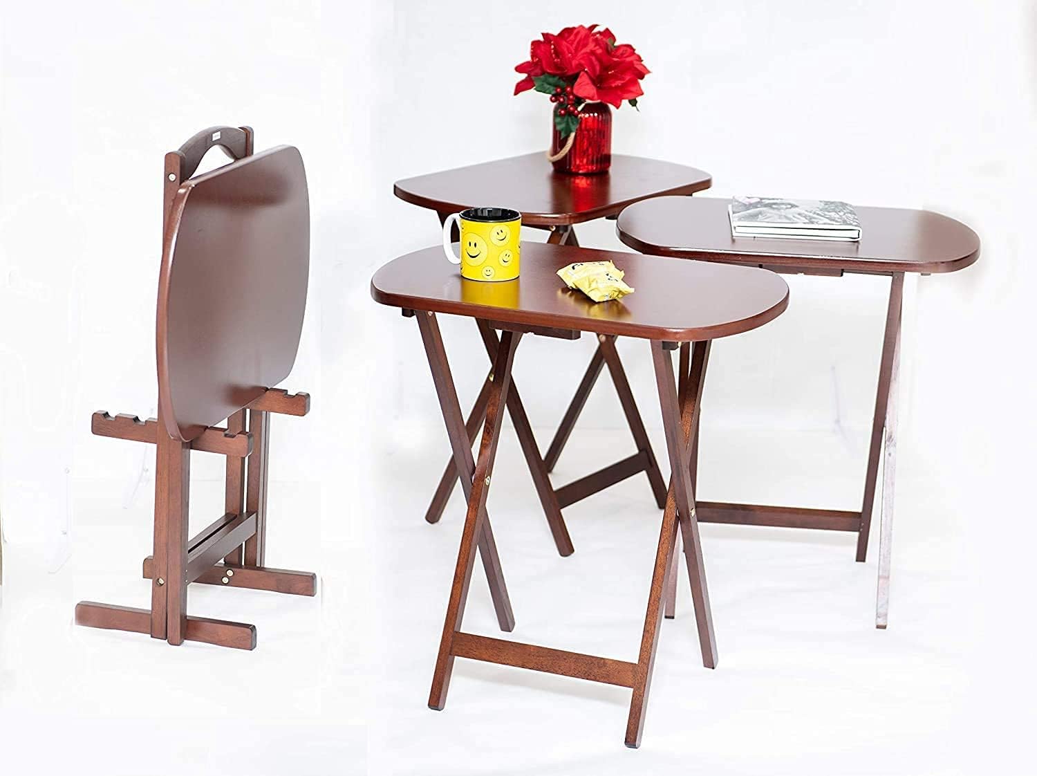 Snack Tray Tables Set of 4 with Stand TV Couch Eating Coffee Tea Oversize Portable Dark Wooden Rustic Folding Serving Travel Food & eBook by OISTRIA