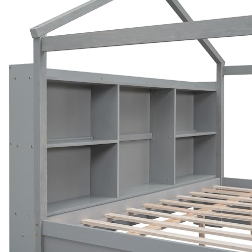 Full Size House Bed with Twin Size Trundle and Storage, Montessori Bed Wood Playhouse Bed Frame,Wooden Kids Bed Frame with Roof Design (White/Full Size House Bed-002)