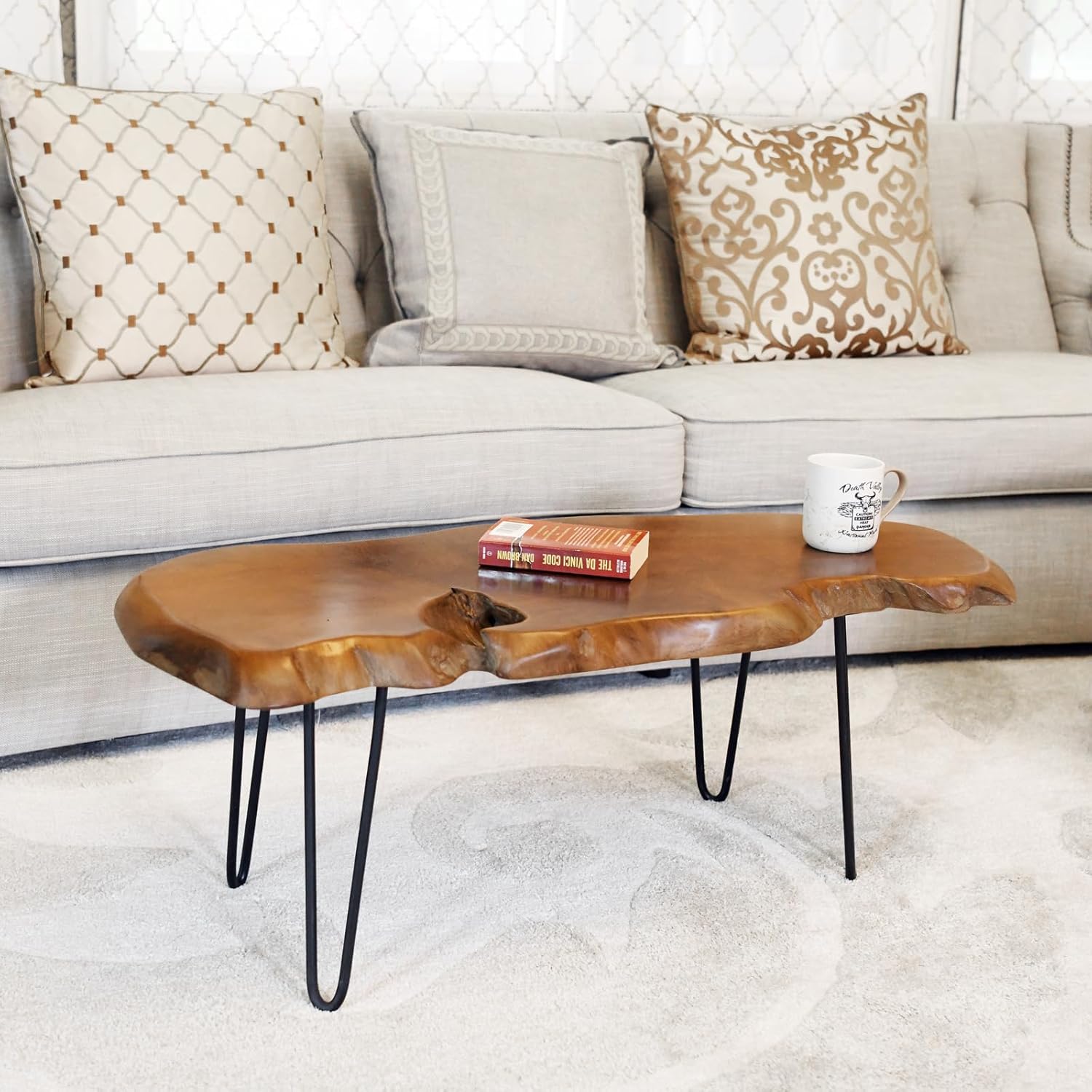 WELLAND Live Edge Natural Teak Wood Coffee Table with Metal Legs