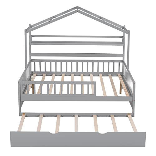 House Bed with Storage Shelf,Wooden Bed Frame with Full-length Guardrail for Bedroom, No Box Spring Needed (Pink, Full Size House Bed with 2 Drawers)