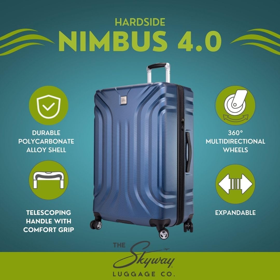 Skyway Nimbus 4.0 Expandable, Durable Hardside, 4 Wheel Spinner, Lightweight Suitcase, Unisex, Stylish, Maritime Blue, Checked-Medium 24-Inch