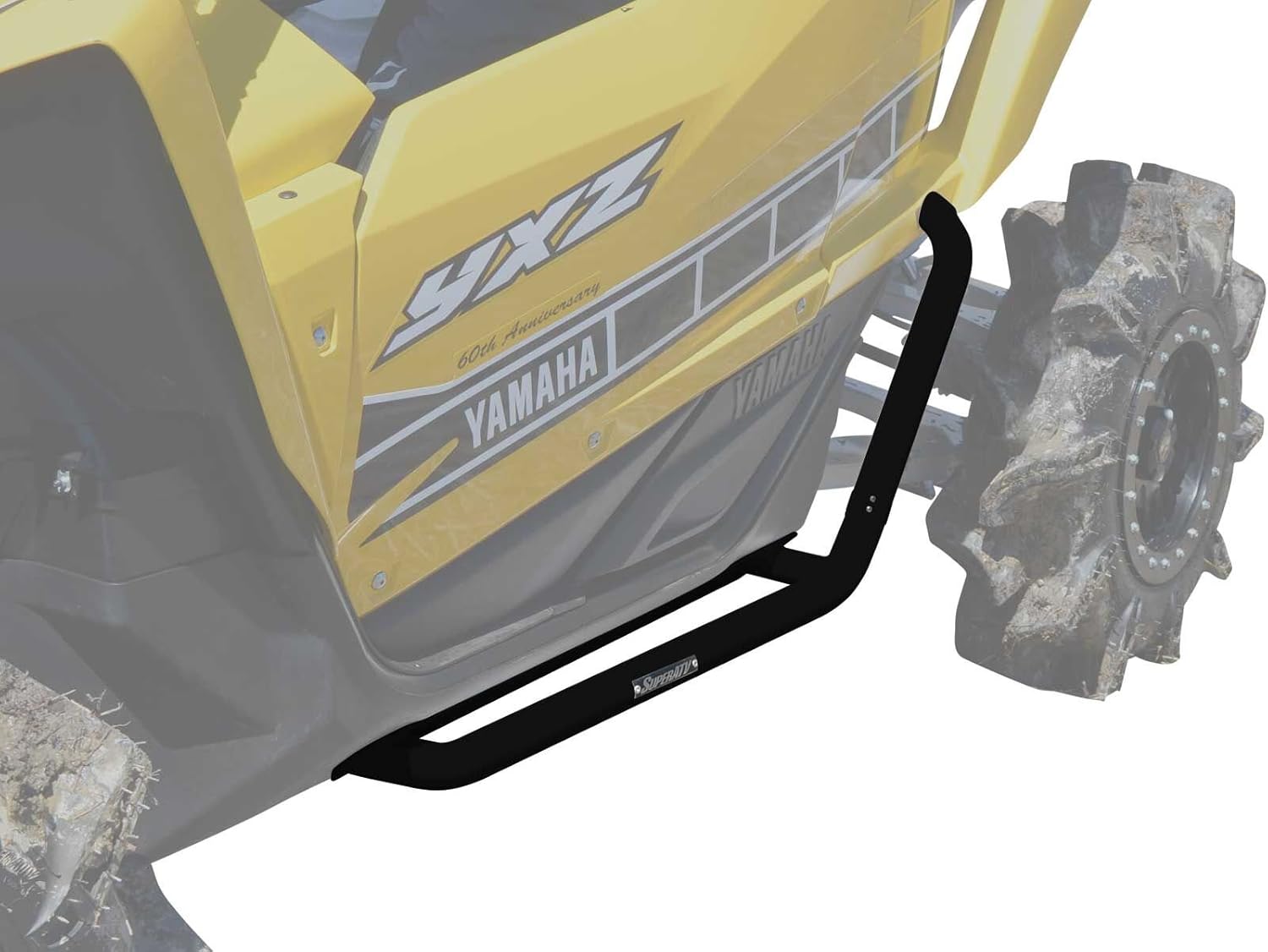 SuperATV Rock Sliders Nerf Bars Tree Kickers for 2016+ Yamaha YXZ / SE / SS | Black | Constructed of 1.75" Heavy-Duty Tubing | Powder Coat Finish |  Bolt-on mounting
