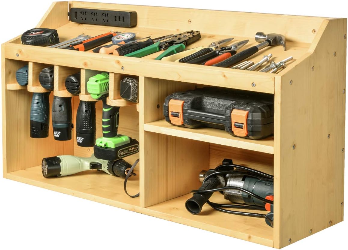 Power Tools Storage Organizers and Cabinets, Drill Charging Station, 5 Drill Hanging Slots, Wall Mount Impact Drivers Storage Dock with Widened Room for Circular Saw, Impact Wrench, Screwdriver Drill