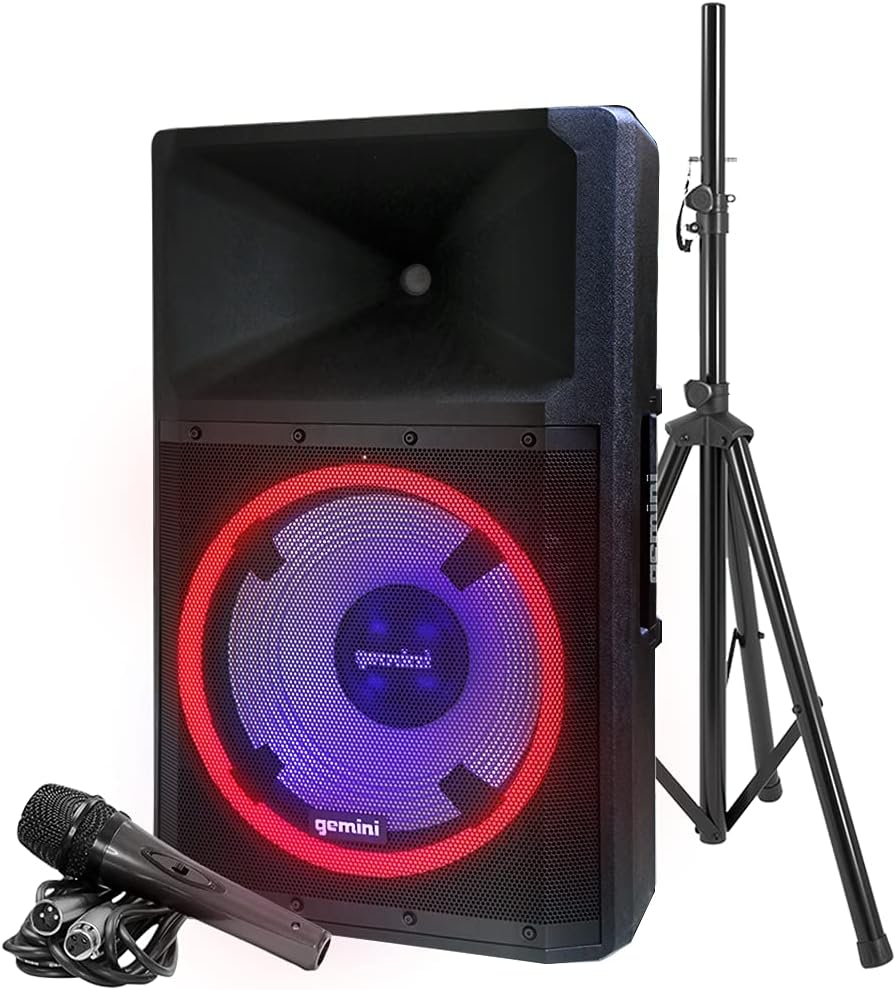 Gemini Sound GSP-L2200PK Indoor Outdoor Ultra Powerful Bluetooth 2200W Watts Peak Speaker, 15 Inch Woofer, LED Party Lights, Built in Media Player, FM Radio, USB/SD Card/Microphone, Speaker Stand